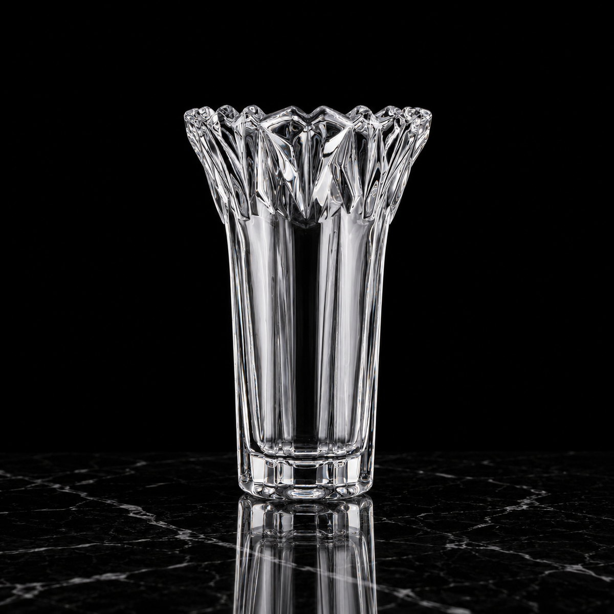 Crystal flower vase on black marble