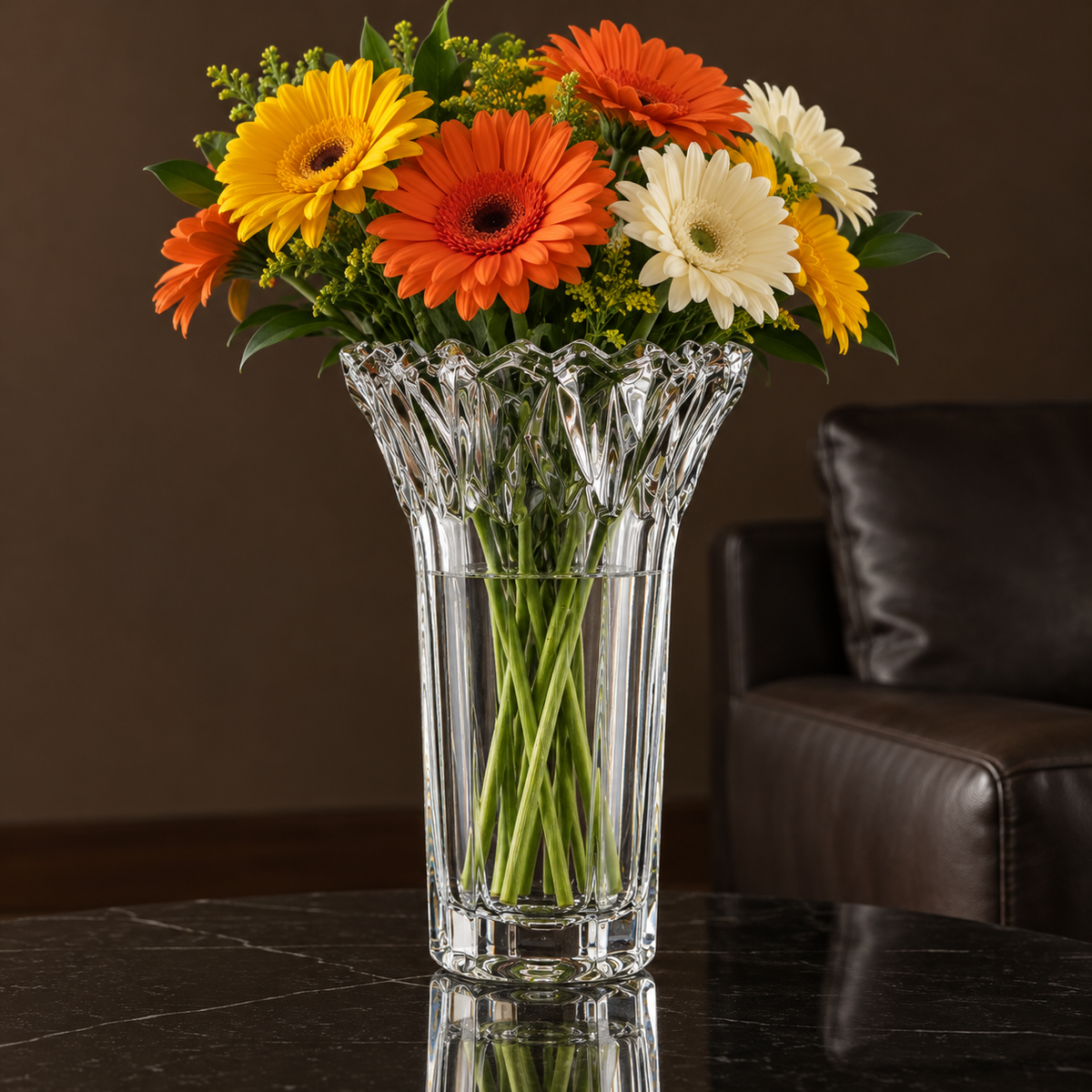 Crystal vase with gerbera daisies in a living room