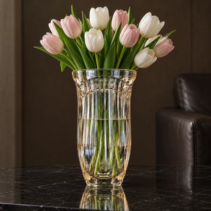 Crystal vase with tulips in a living room