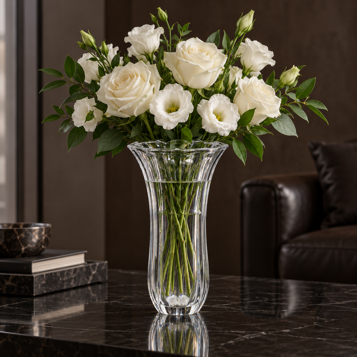 F-219 Crystal Flower Vase with white roses in a living room