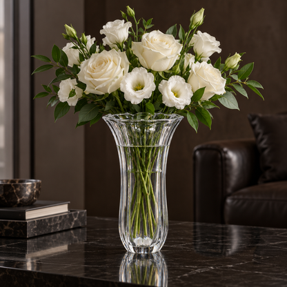 F-219 Crystal Flower Vase with white roses in a living room