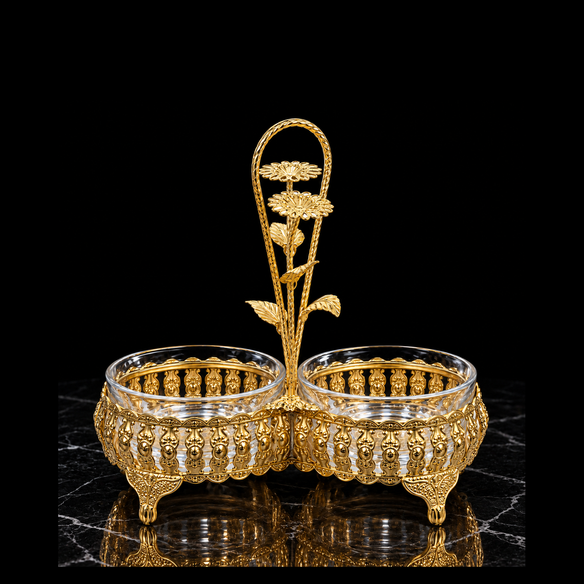 Gold double serving dish on black marble