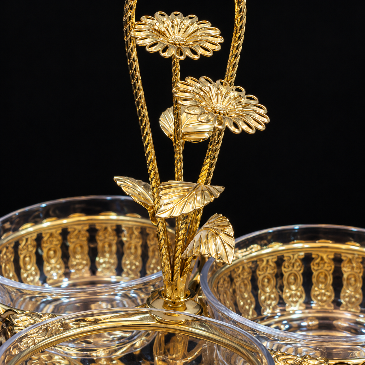 Close-up of the gold daisy handle