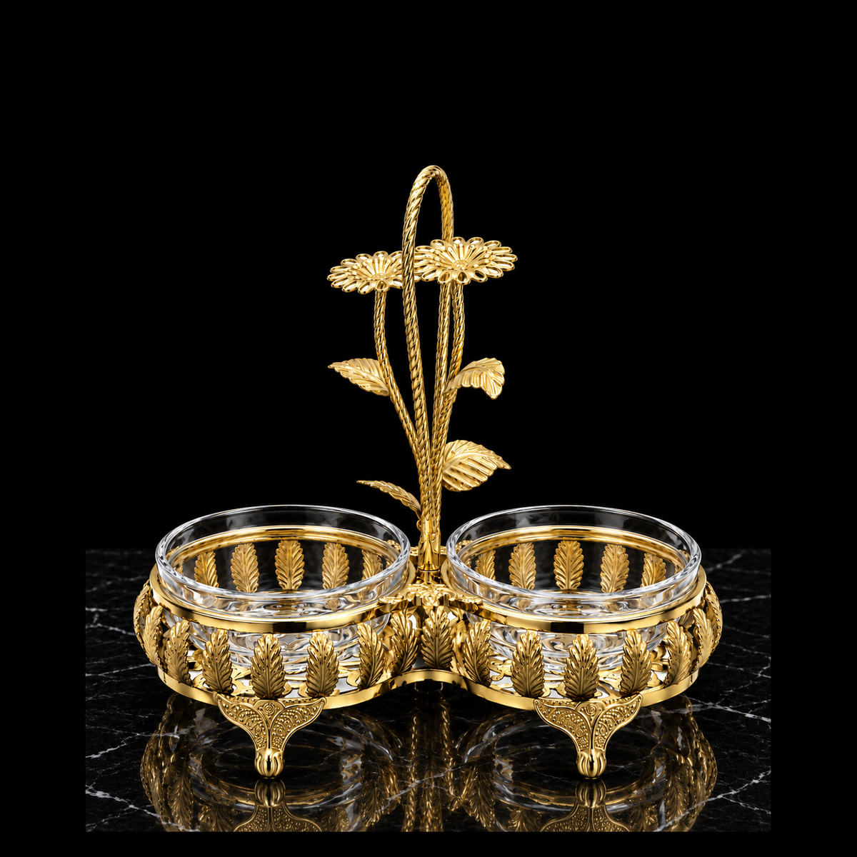 Gold double serving dish on black marble