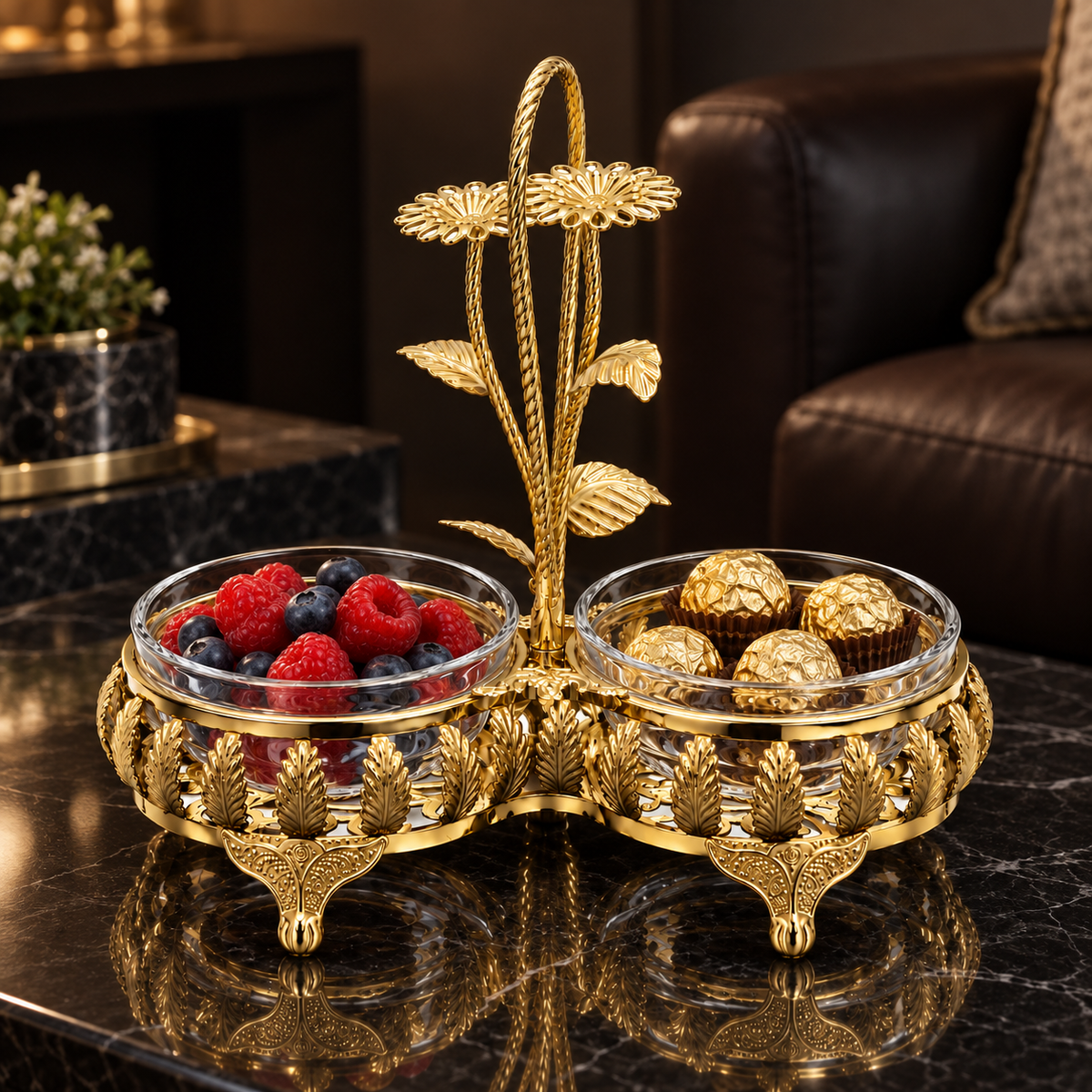 Gold double dish with berries and chocolates on a black table