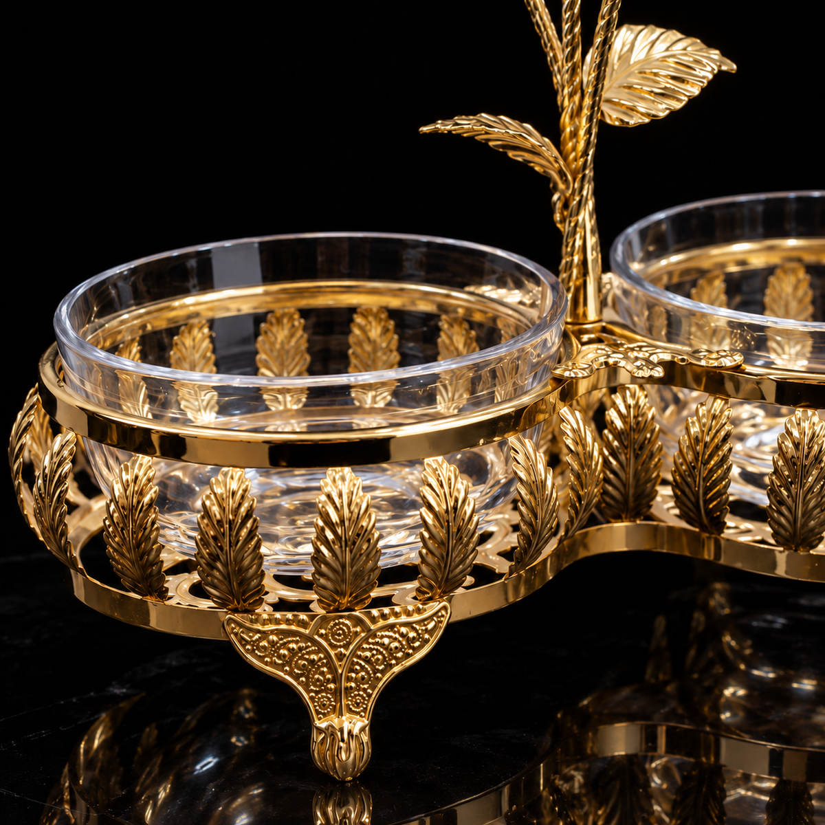 Close-up of the gold leaf filigree and foot