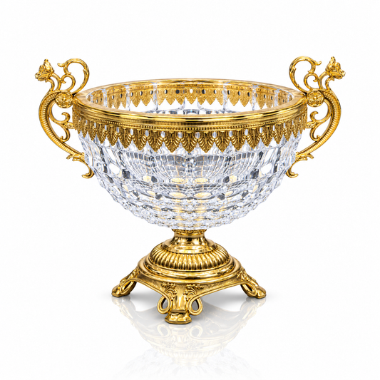 Crystal and gold footed urn bowl with griffin handles on white