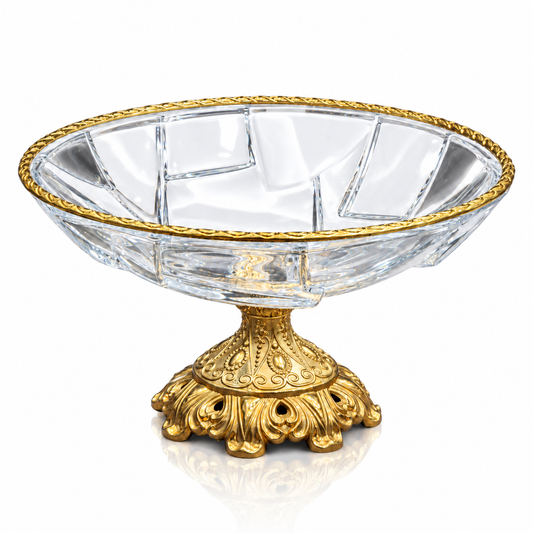 Crystal fruit bowl with gold rope rim on baroque gold pedestal on white
