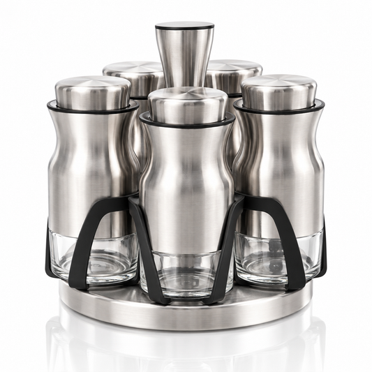 Steel and glass rotating spice jar set