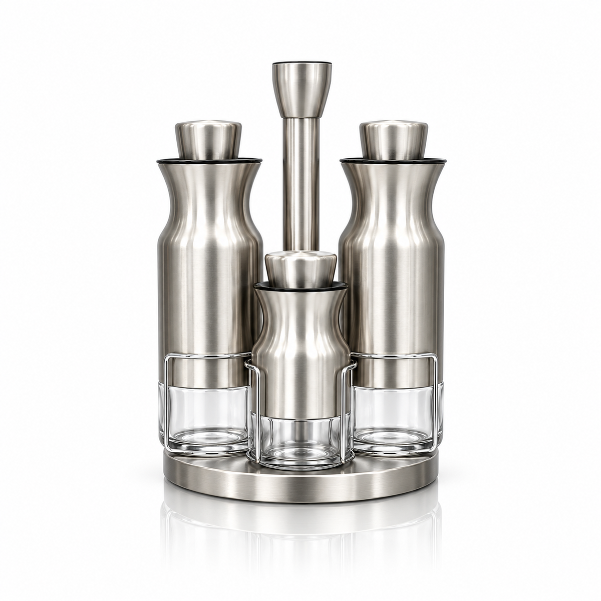 H-931 stainless steel and glass rotating cruet set on white