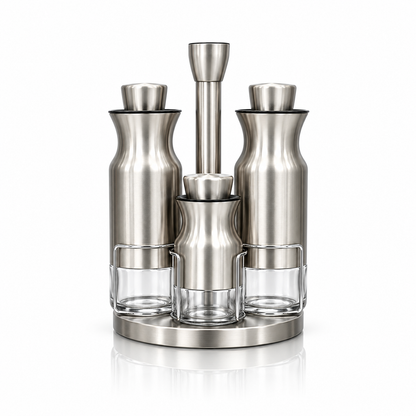H-931 stainless steel and glass rotating cruet set on white