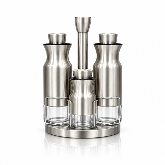 H-931 stainless steel and glass rotating cruet set on white