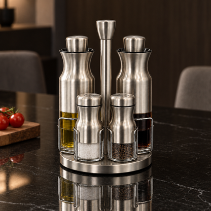 H-931 oil vinegar salt and pepper set on a dining table