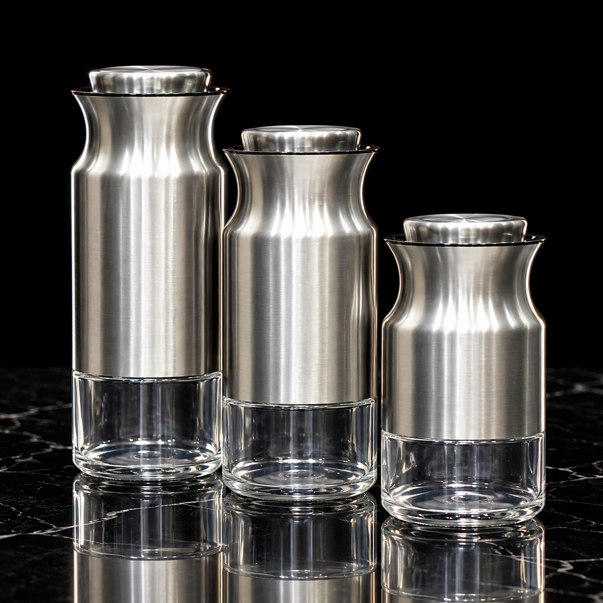 Steel and glass storage jars on black marble