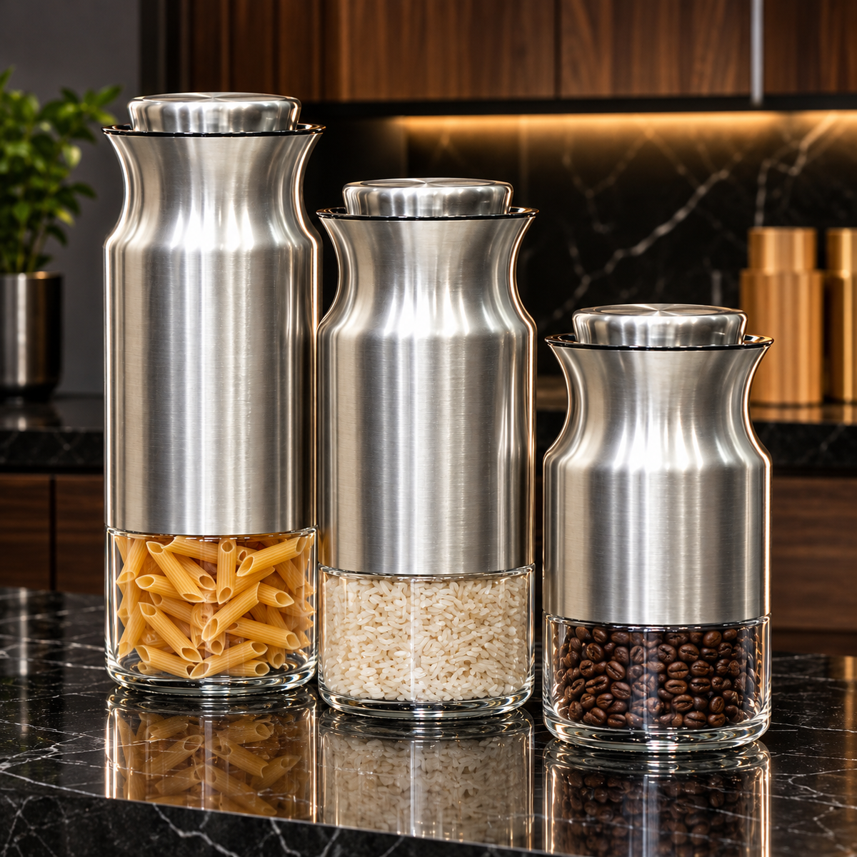Steel and glass storage jars in a kitchen