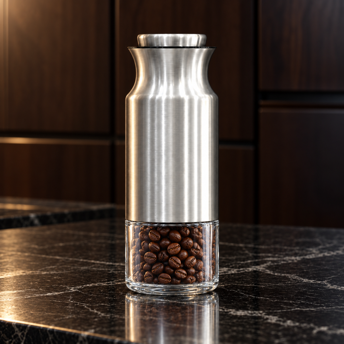 Steel and glass storage jar in a kitchen
