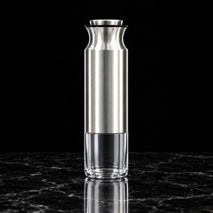 Steel and glass storage jar on black marble