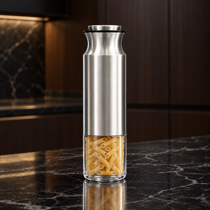 Steel and glass storage jar in a kitchen