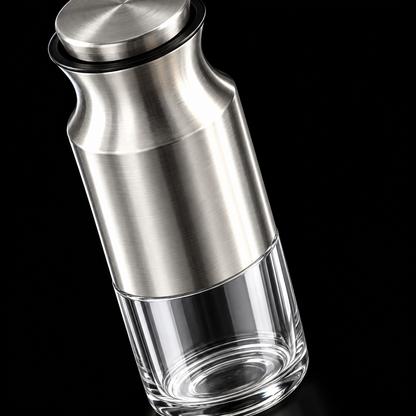 Steel and glass storage jar close-up