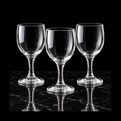 Clear wine goblets on black marble