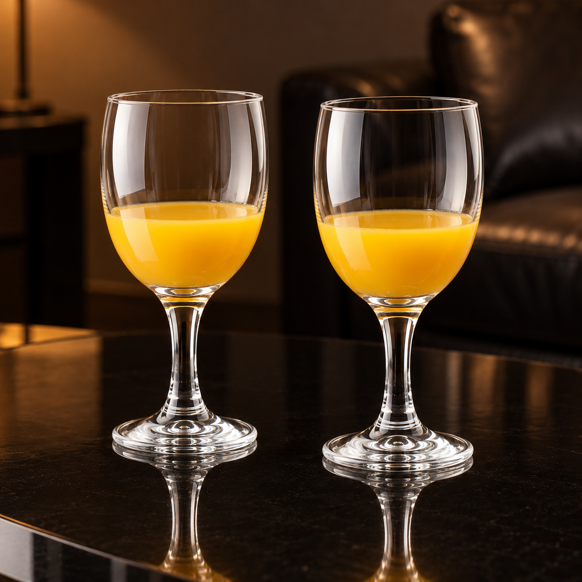Wine goblets with mango juice in a living room