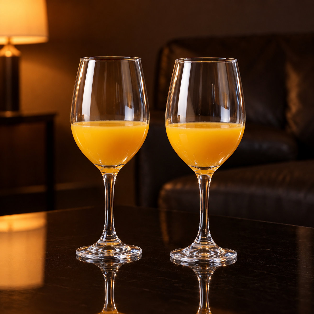 Wine glasses with mango juice in a living room