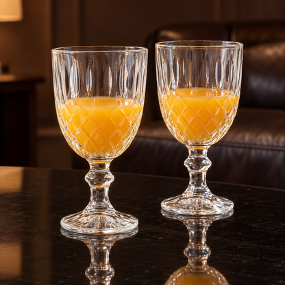 Cut crystal goblets with orange juice in a living room
