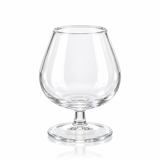 Set of 6 clear glass brandy snifters 360 ml on white marble