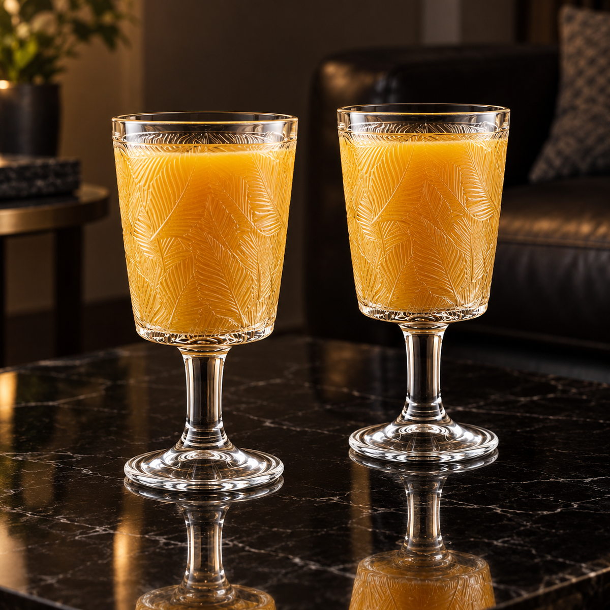 Glass goblets with mango juice in living room