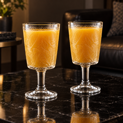 Glass goblets with mango juice in living room