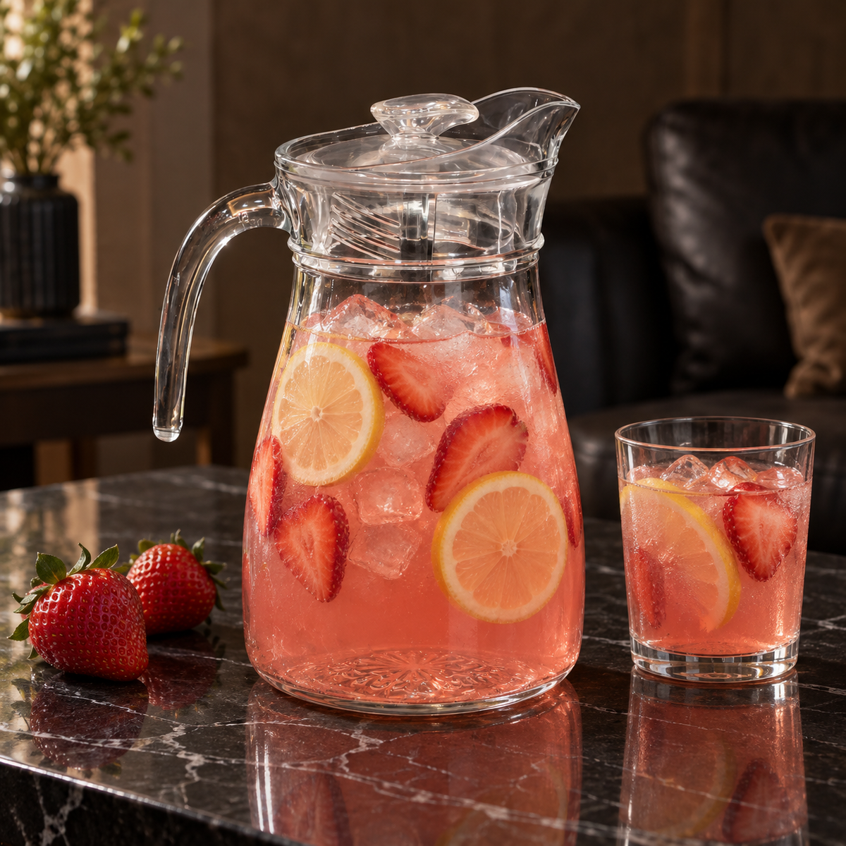 J-707 glass jug with strawberry lemonade