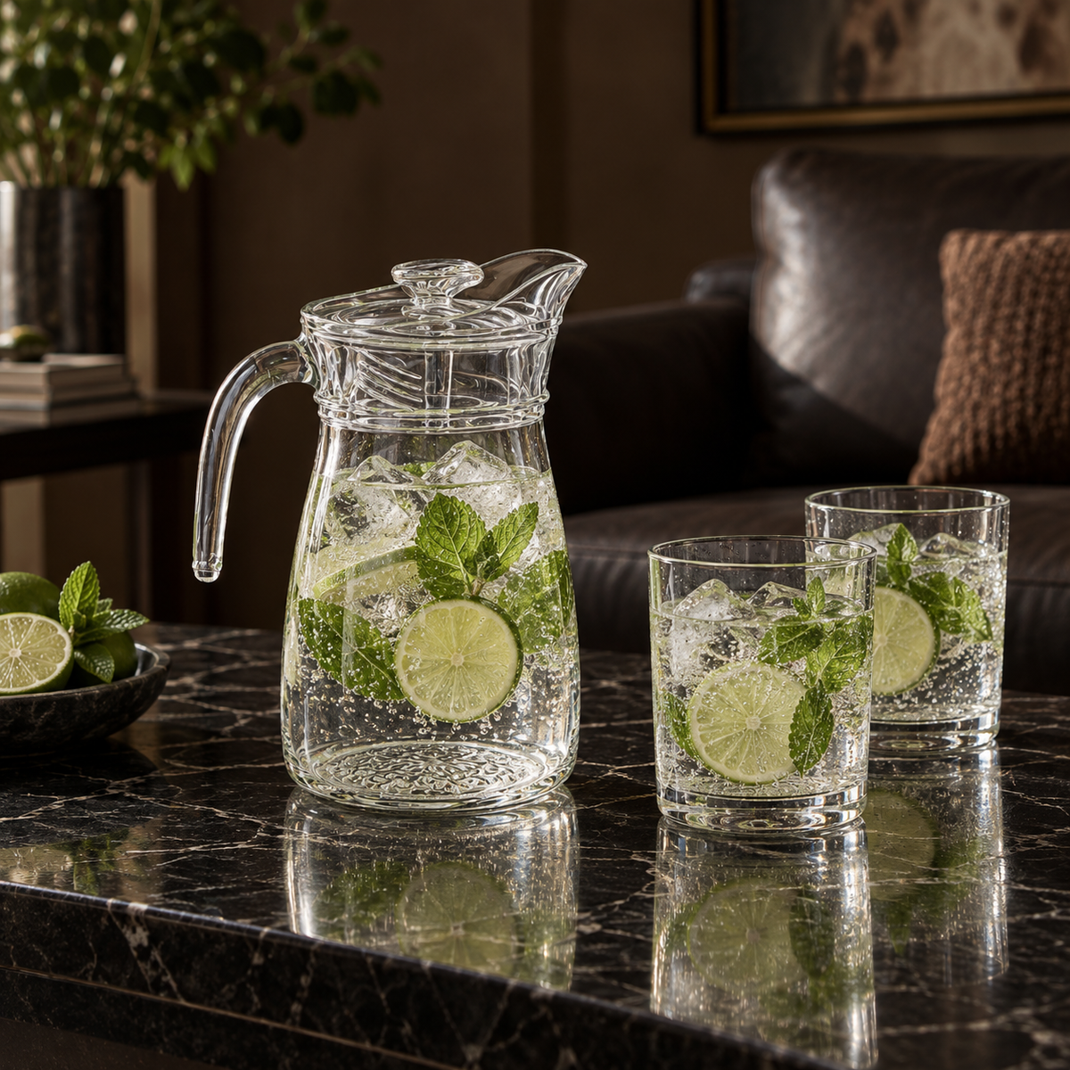 J-708 glass jug with lime sparkling water