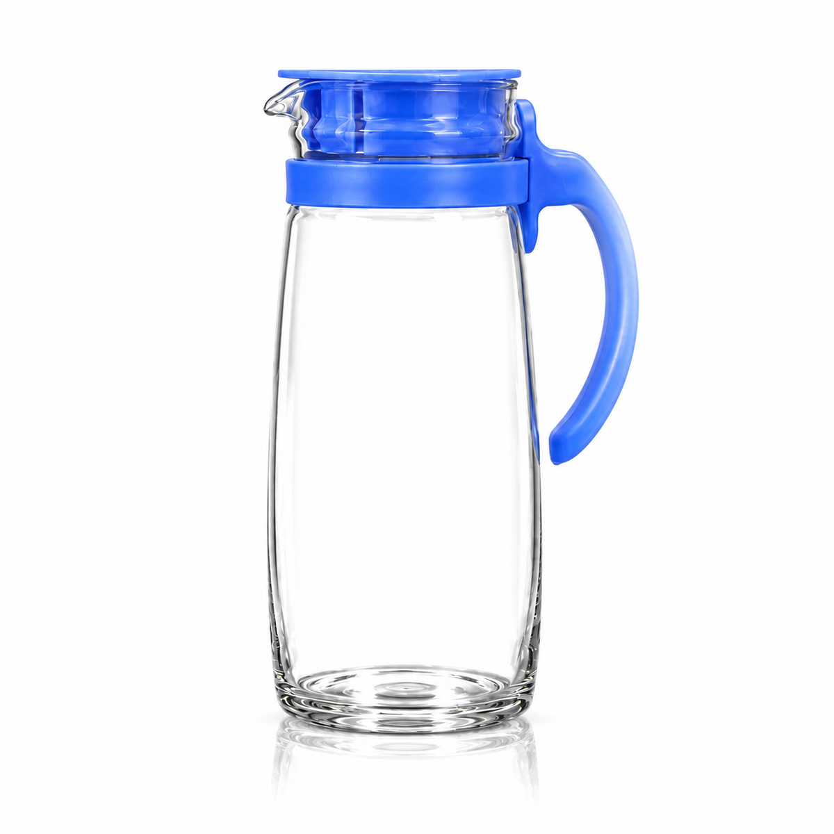 J-802 glass jug set with blue lid and 4 tumblers on white