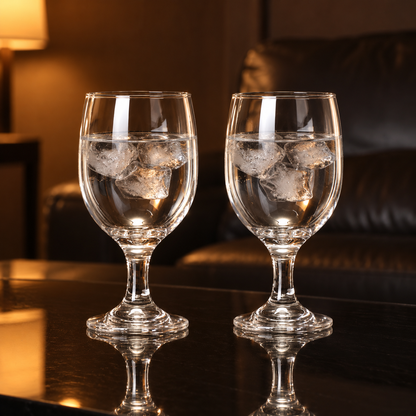Goblets with iced water in a living room