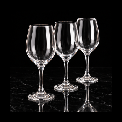 Clear wine glasses on black marble