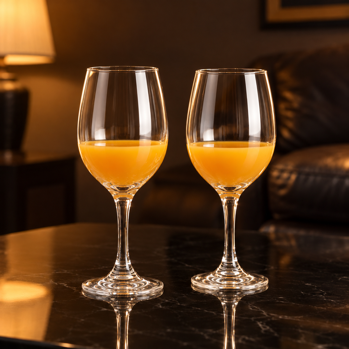 Wine glasses with orange juice in a living room