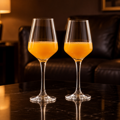 Stemmed glasses with orange juice in a living room