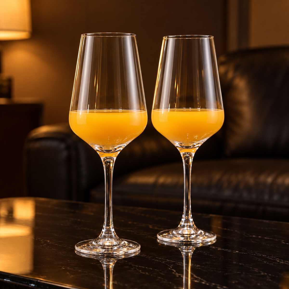 Tulip glasses with orange juice in a living room