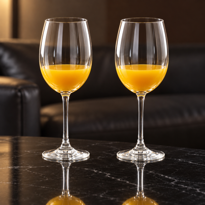 Wine glasses with mango juice in a living room