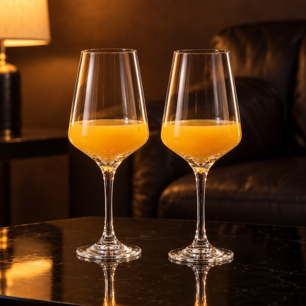 Large tulip glasses with orange juice in a living room