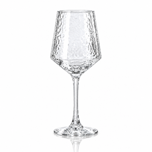 Set of 6 hammered glass wine glasses 430 ml on white marble