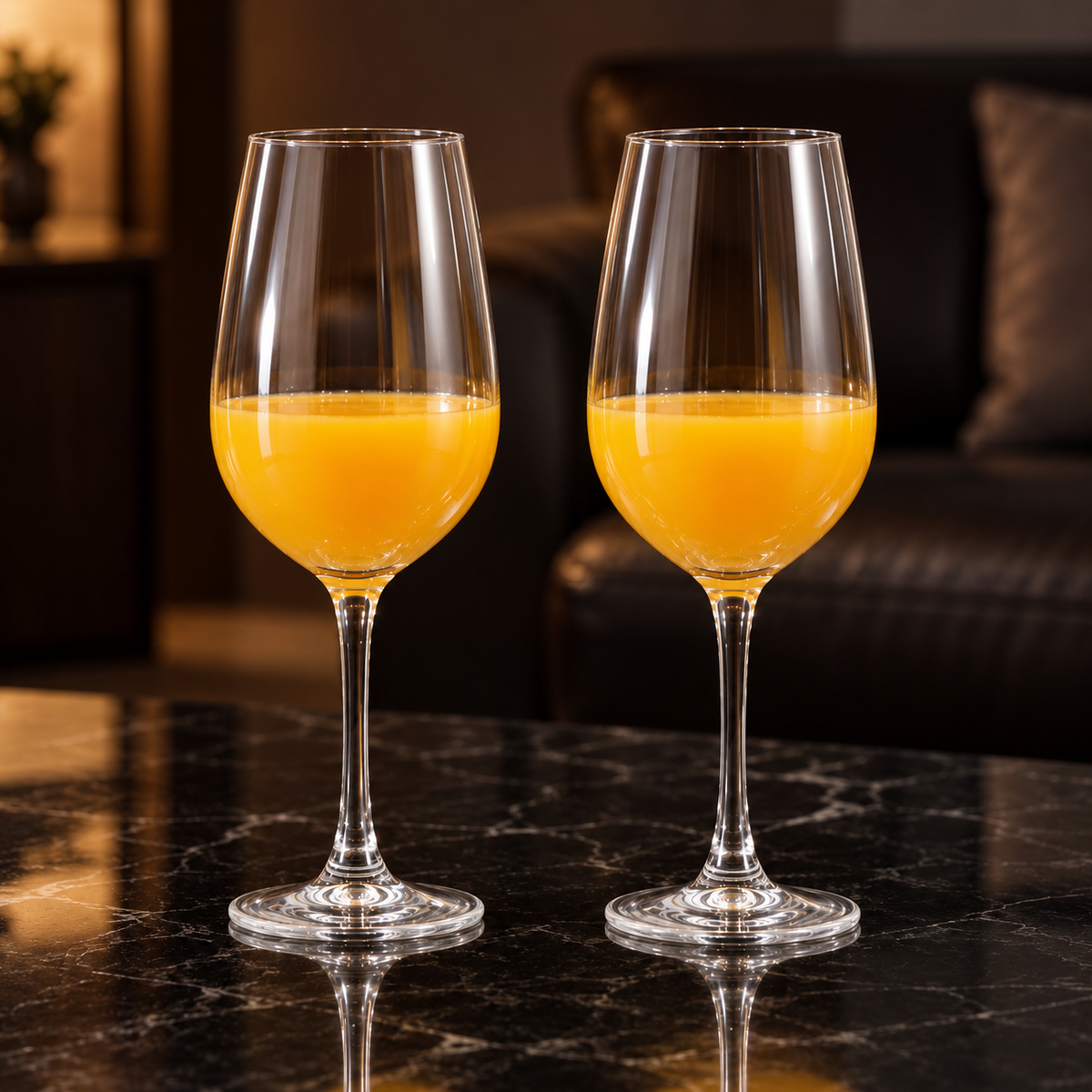 Wine glasses with mango juice in a living room