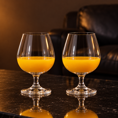 Crystal snifters with mango juice in a living room