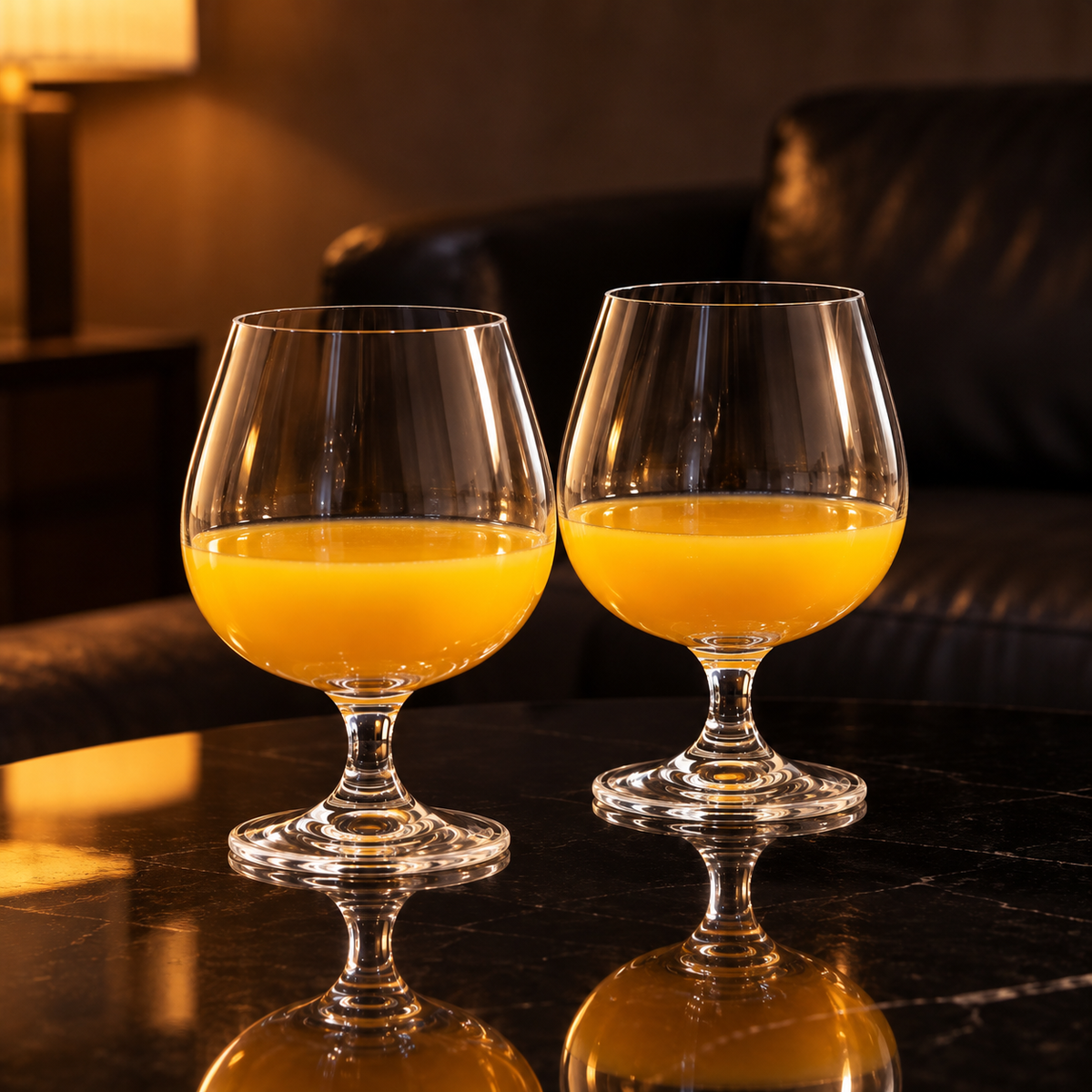 Crystal snifters with orange juice in a living room