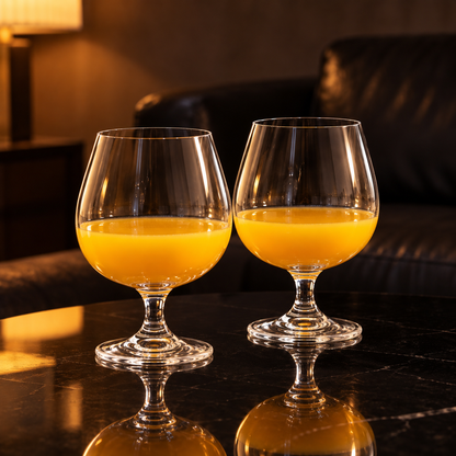 Crystal snifters with orange juice in a living room