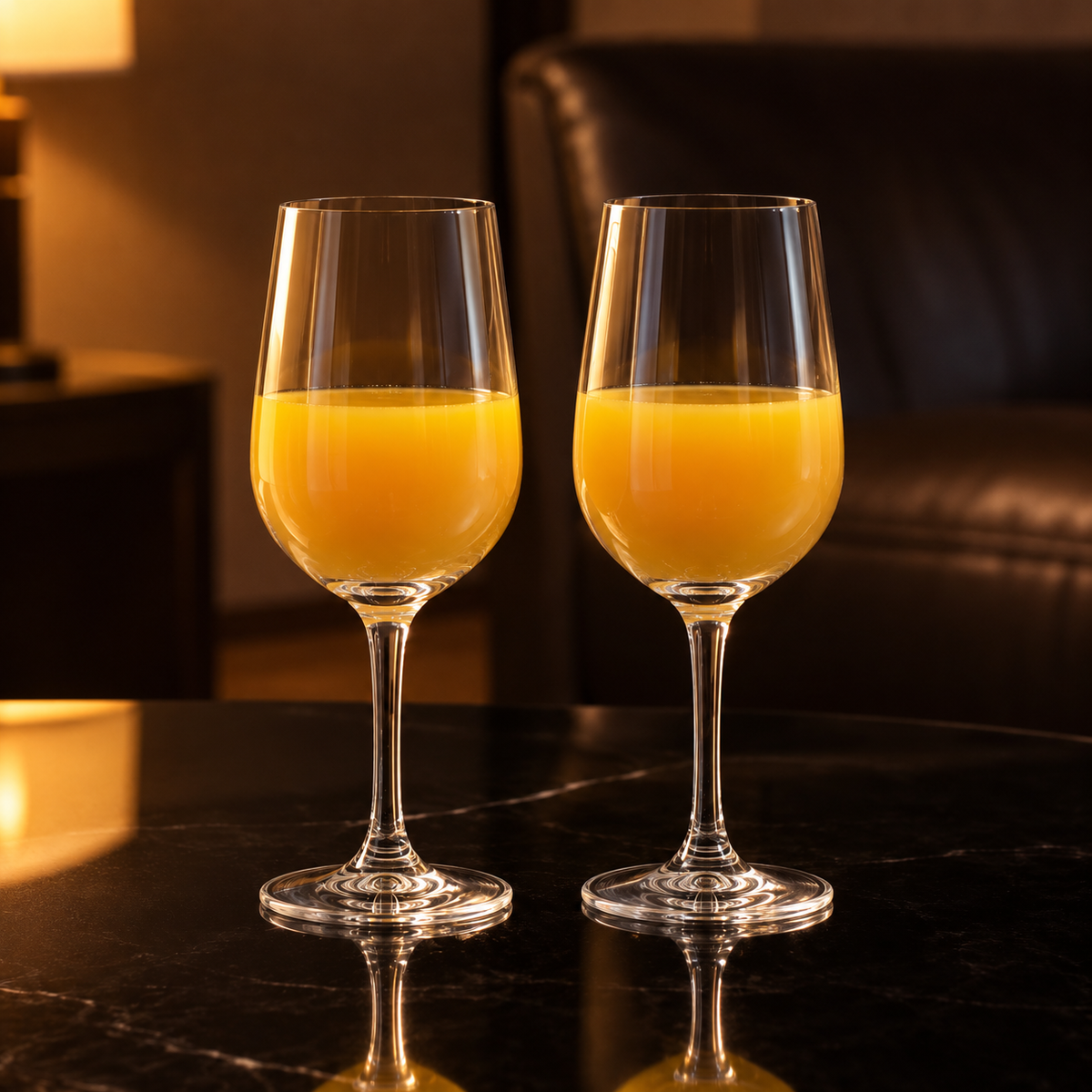 Small crystal glasses with mango juice in a living room