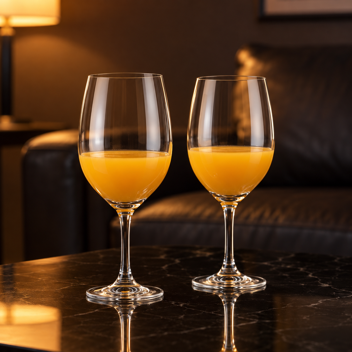 Crystal glasses with mango juice in a living room