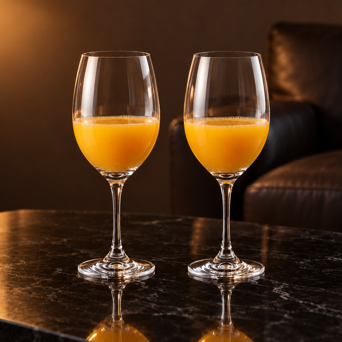Crystal glasses with orange juice in a living room