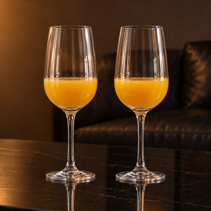 Crystal glasses with orange juice in a living room