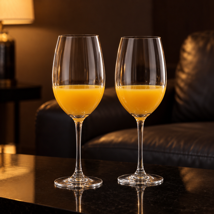 Large crystal glasses with mango juice in a living room